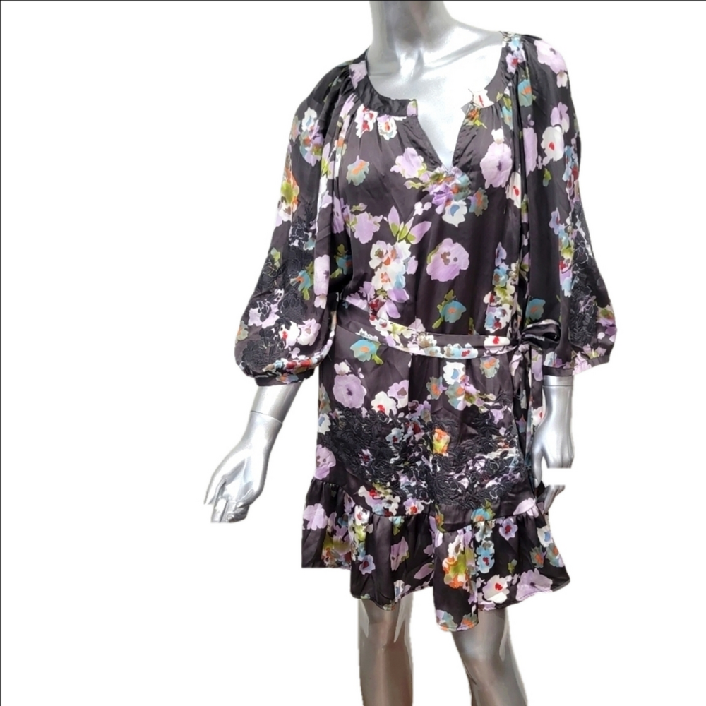 Uncle Frank Black Floral Tunic Dress with Sash Small